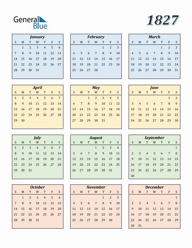Calendar for 1827 (Sunday Start)
