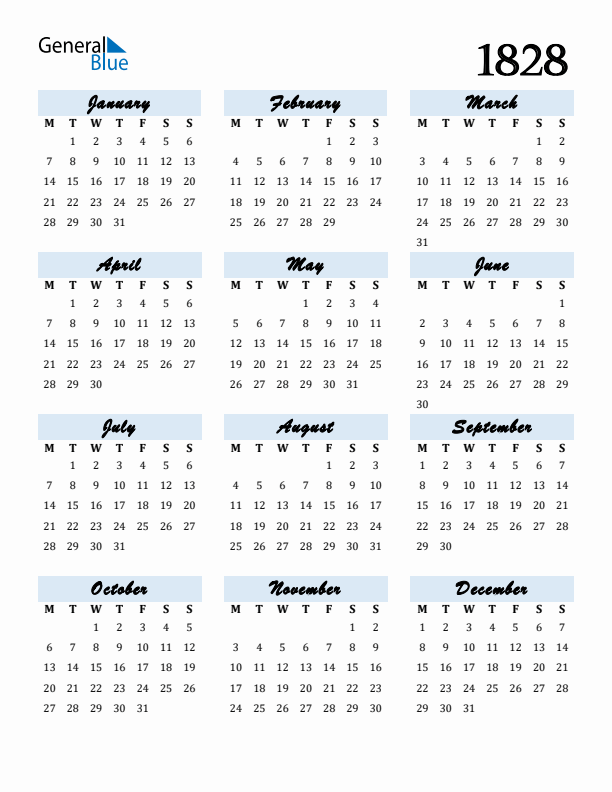 Calendar 1828 Free Download and Print