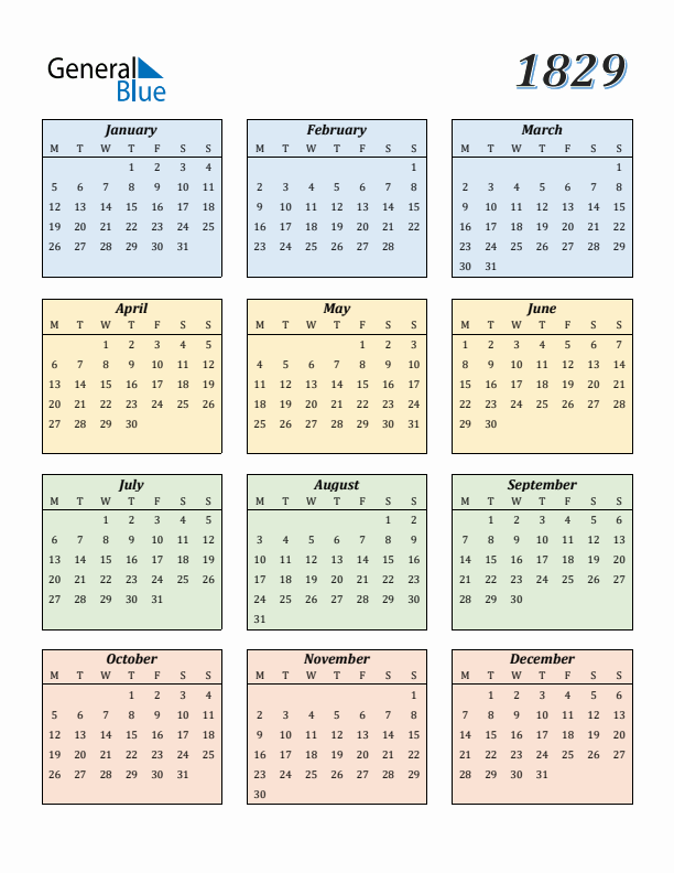 Calendar for 1829 (Monday Start)