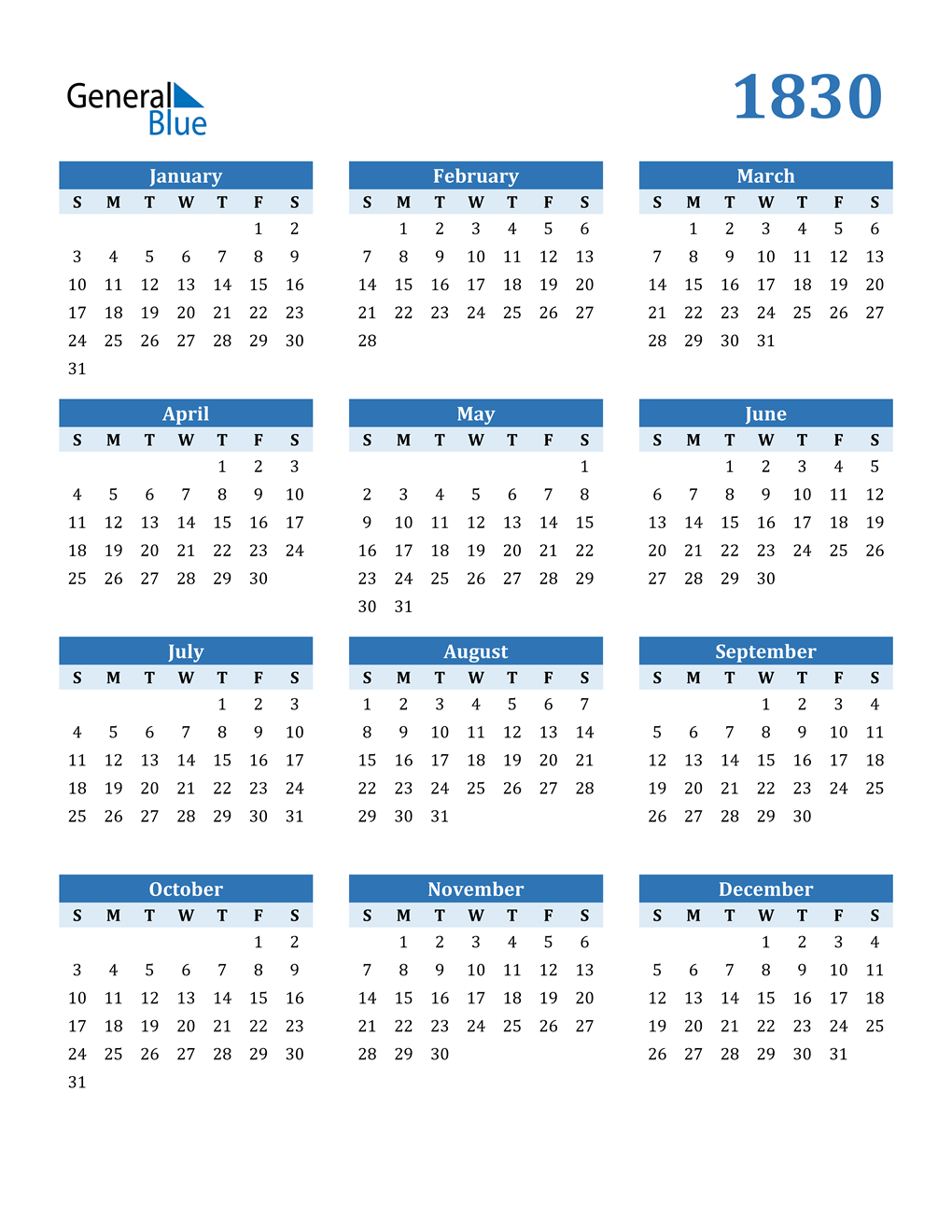 1830 Calendar (PDF Word Excel)