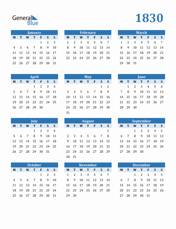 1830 Year Calendar with Monday Start