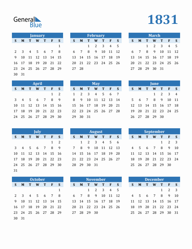 1831 Year Calendar with Sunday Start