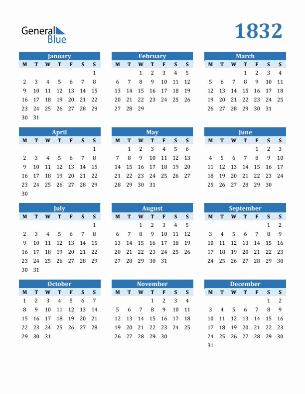 1832 Year Calendar with Monday Start