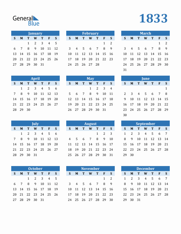 1833 Year Calendar with Sunday Start