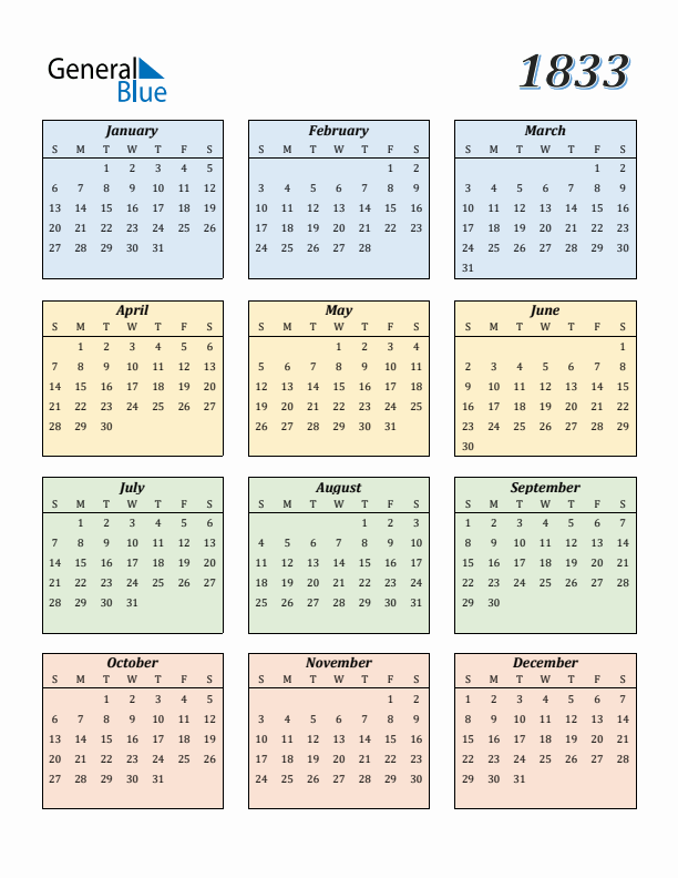 Calendar for 1833 (Sunday Start)