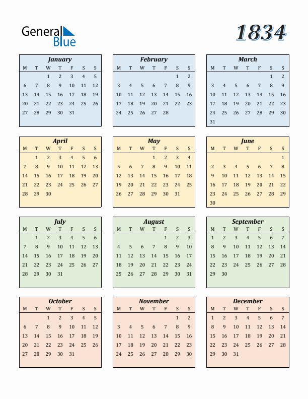 Calendar for 1834 (Monday Start)