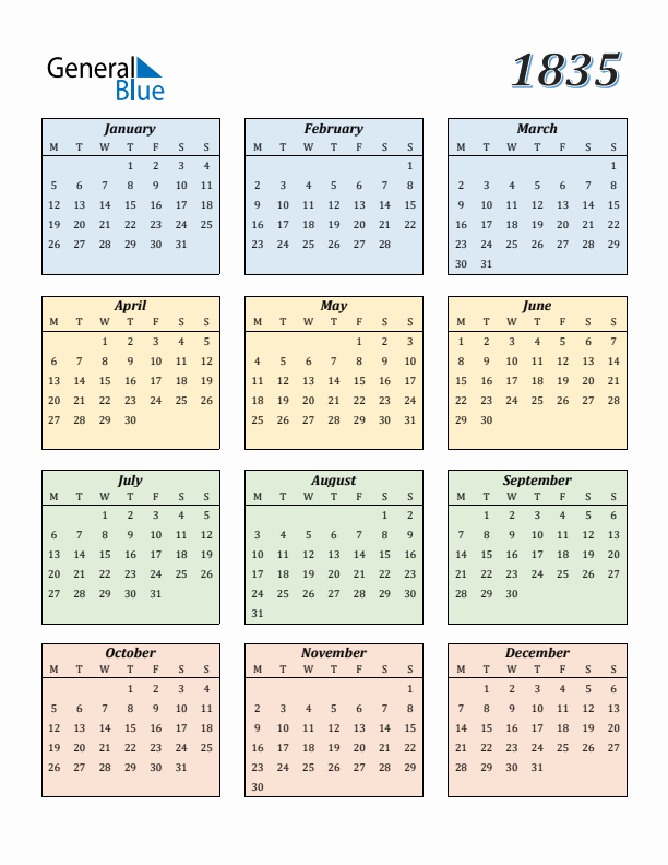Calendar for 1835 (Monday Start)