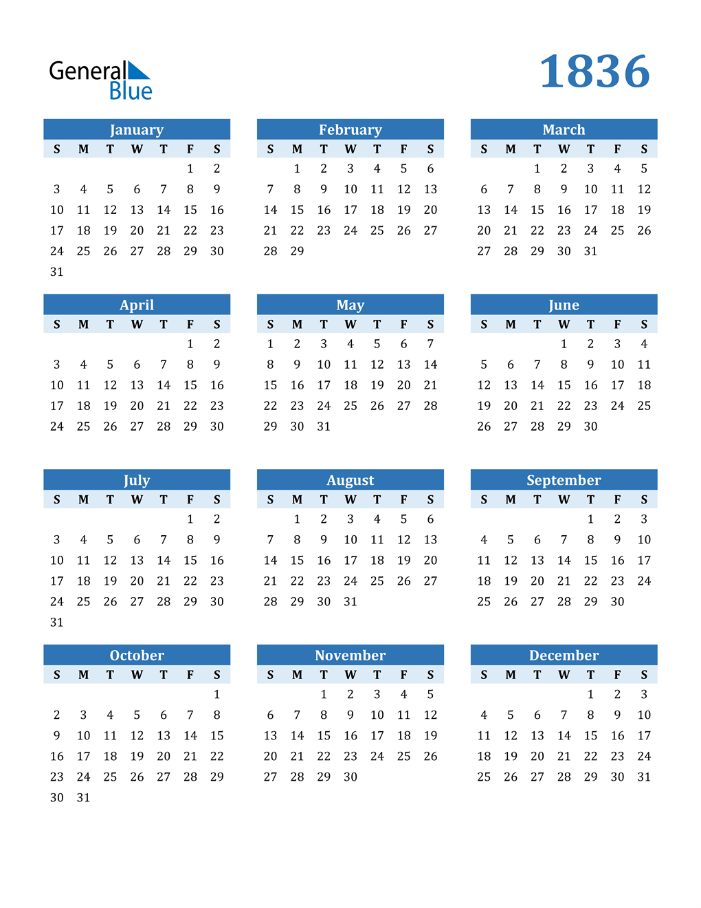 1836 Calendar (PDF, Word, Excel)