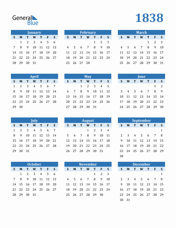 1838 Year Calendar with Sunday Start