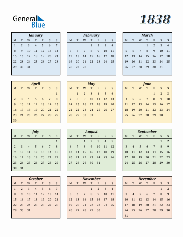 Calendar for 1838 (Monday Start)