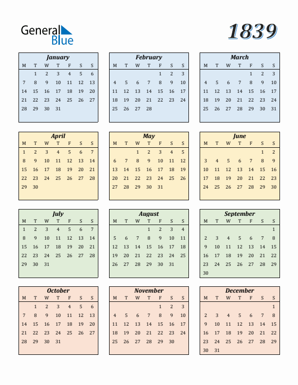 Calendar for 1839 (Monday Start)