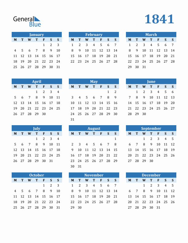 1841 Year Calendar with Monday Start