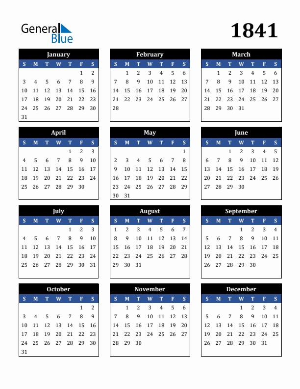 Editable Calendar 1841 - Sunday Start