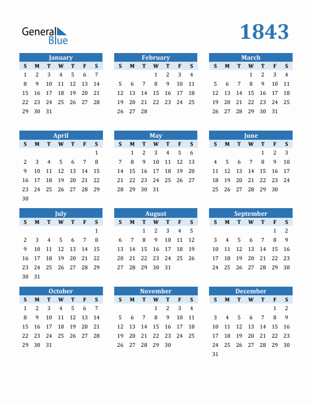 1843 Year Calendar with Sunday Start