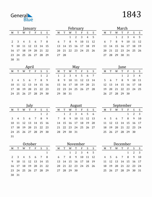 1843 Yearly Calendar Templates with Monday Start