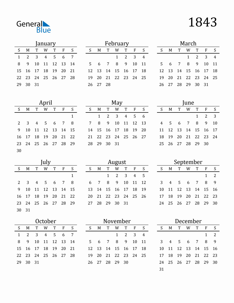 Year 1843 Free Printable 12-Month Calendar