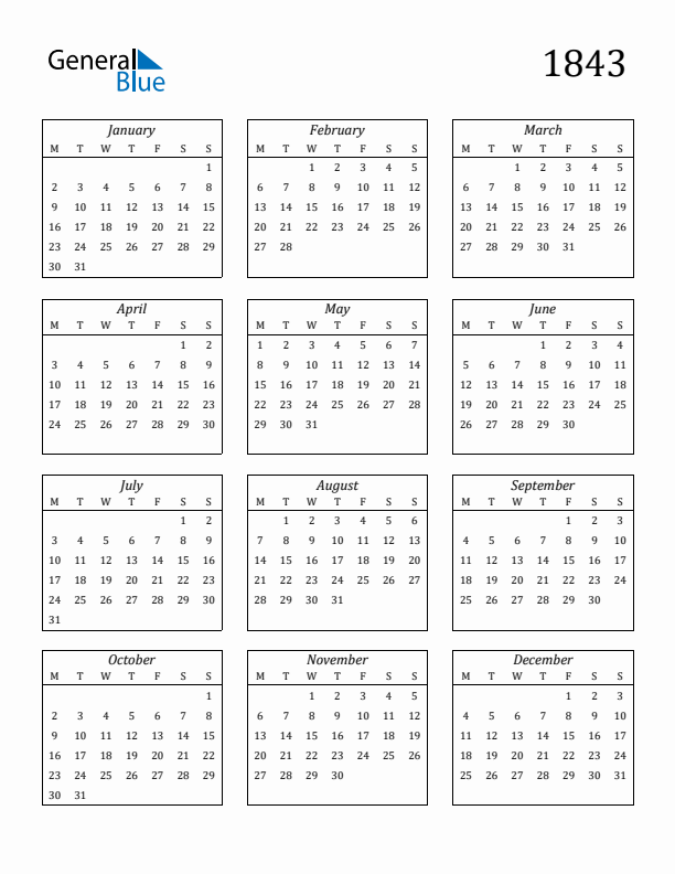 1843 Yearly Calendar Templates with Monday Start