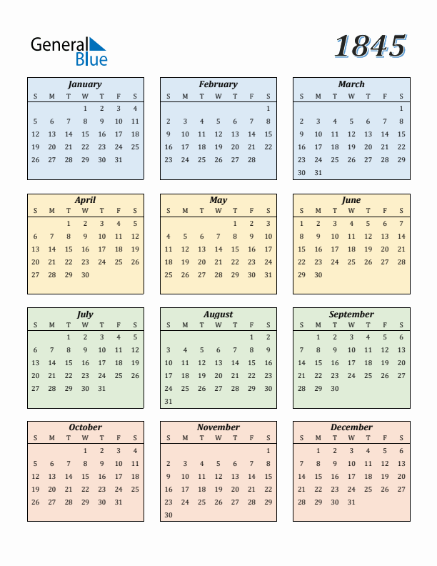 Calendar for 1845 (Sunday Start)
