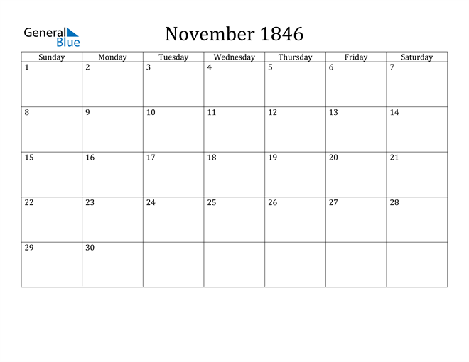 November 1846 Calendar (PDF Word Excel)