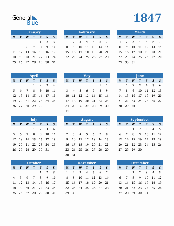 1847 Year Calendar with Monday Start