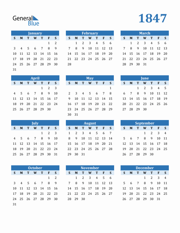 1847 Year Calendar with Sunday Start
