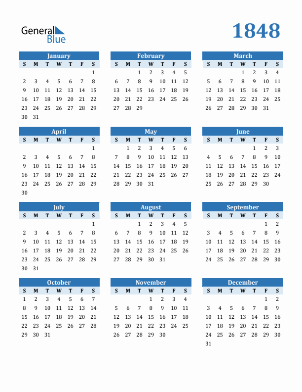 1848 Year Calendar with Sunday Start