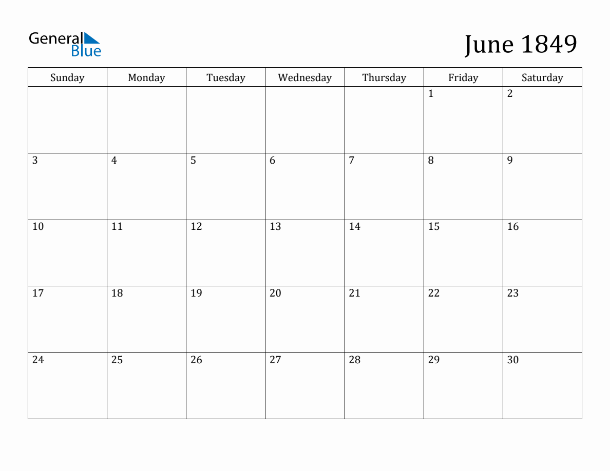 June 1849 Monthly Calendar