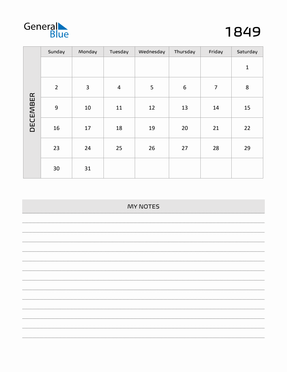 December 1849 Printable Monthly Calendar With Notes