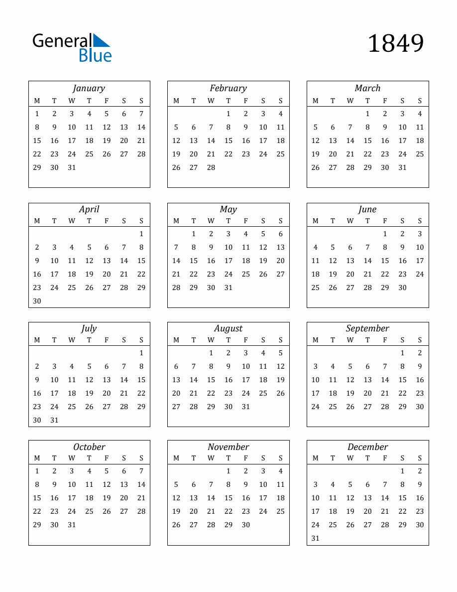 1849 Blank Yearly Calendar Printable