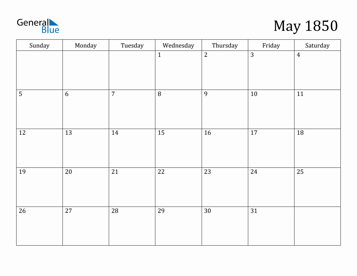 May 1850 Monthly Calendar