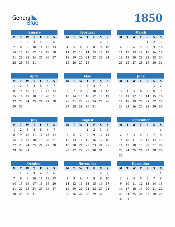1850 Year Calendar with Monday Start