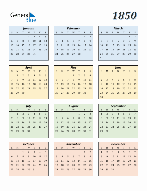 Calendar for 1850 (Sunday Start)