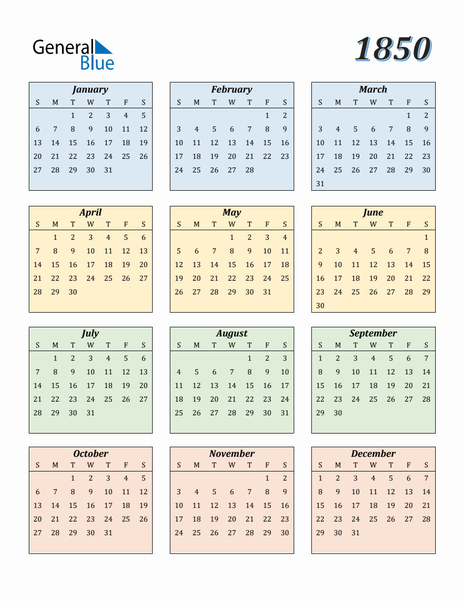 Calendar for Year 1850