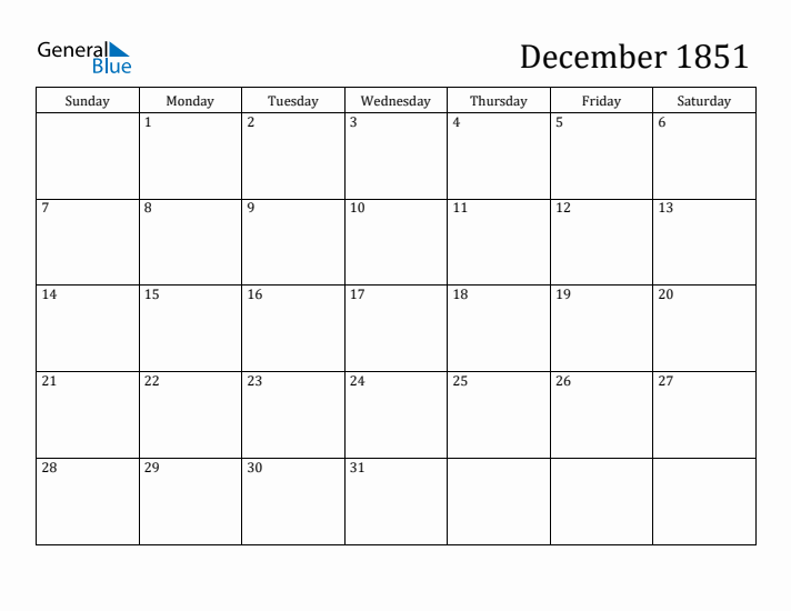 December 1851 Calendar