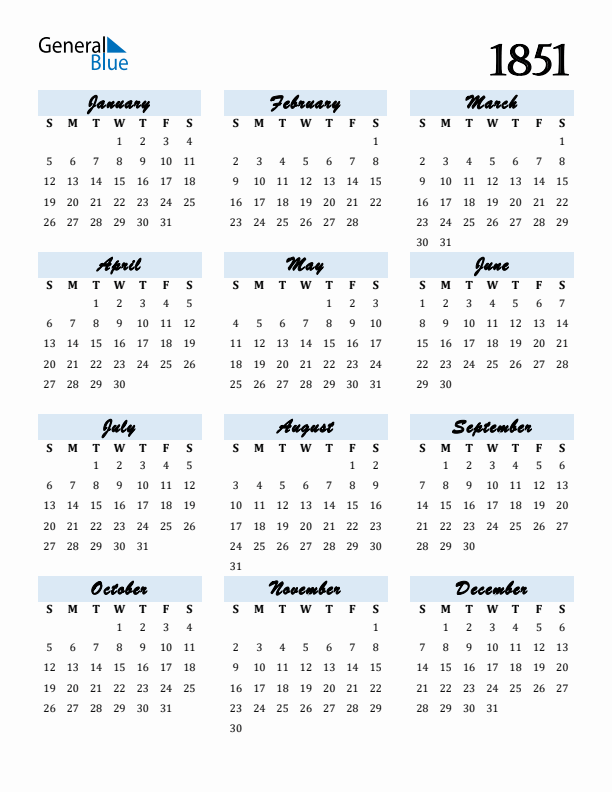 Calendar 1851 Free Download and Print
