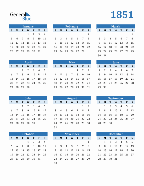 1851 Year Calendar with Sunday Start