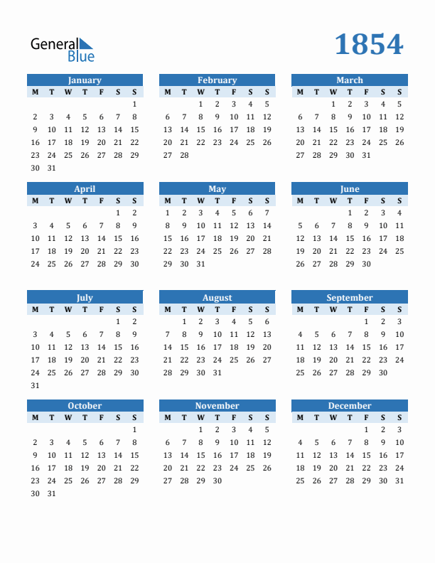 1854 Year Calendar with Monday Start