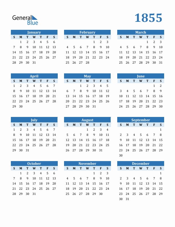 1855 Year Calendar with Sunday Start
