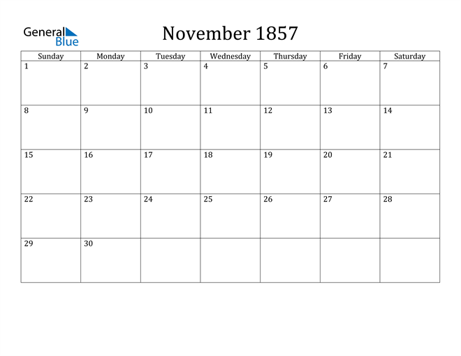 November 1857 Calendar (PDF Word Excel)