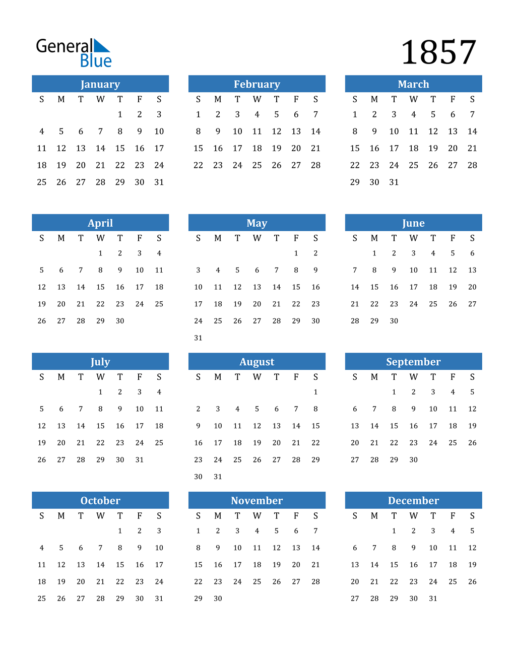 1857 Calendar (PDF, Word, Excel)