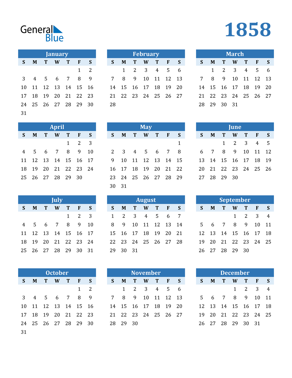 1858 Calendar (PDF, Word, Excel)