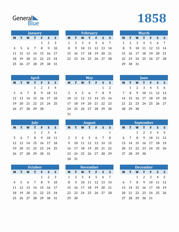 1858 Year Calendar with Monday Start