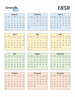 1858 Calendar (PDF, Word, Excel)