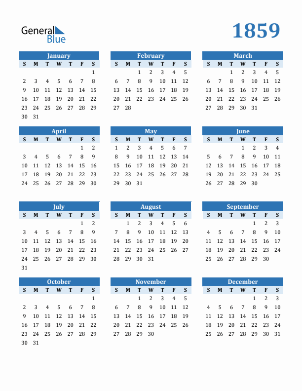 1859 Year Calendar with Sunday Start
