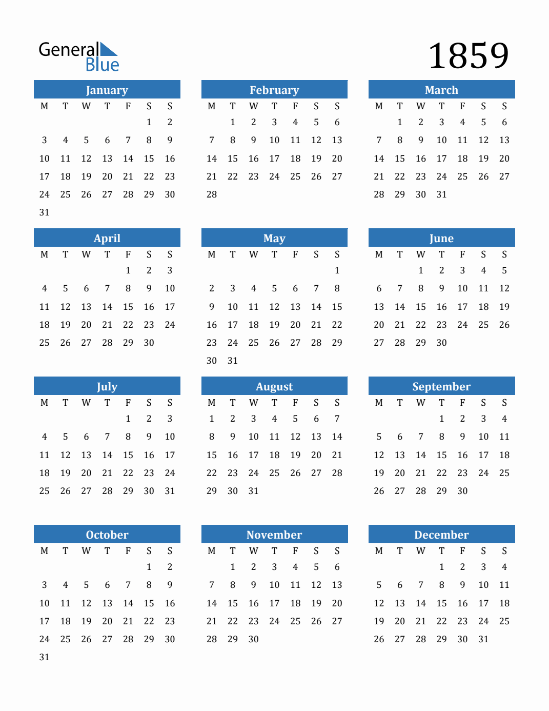 1859 Calendar with Monday Start