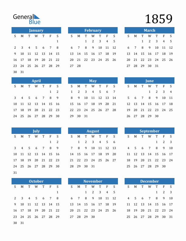 1859 Calendar (PDF, Word, Excel)