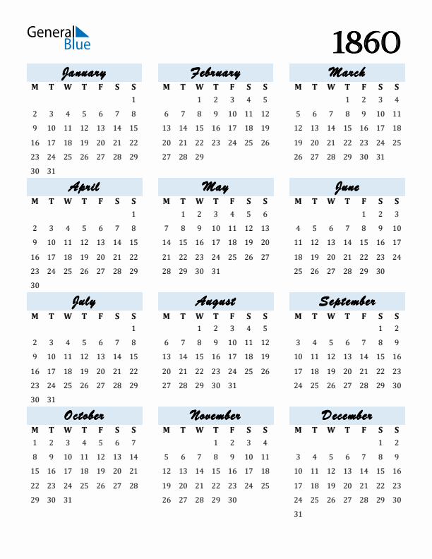 Calendar 1860 Free Download and Print