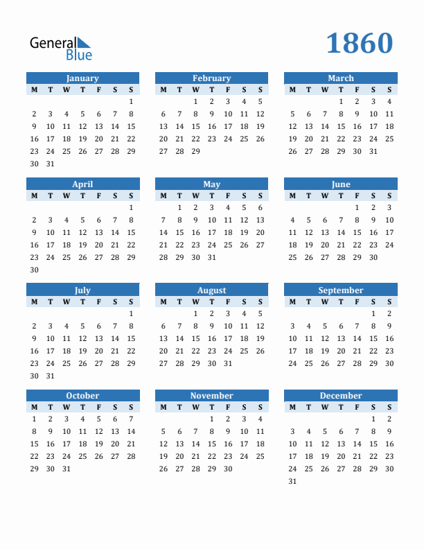 1860 Year Calendar with Monday Start