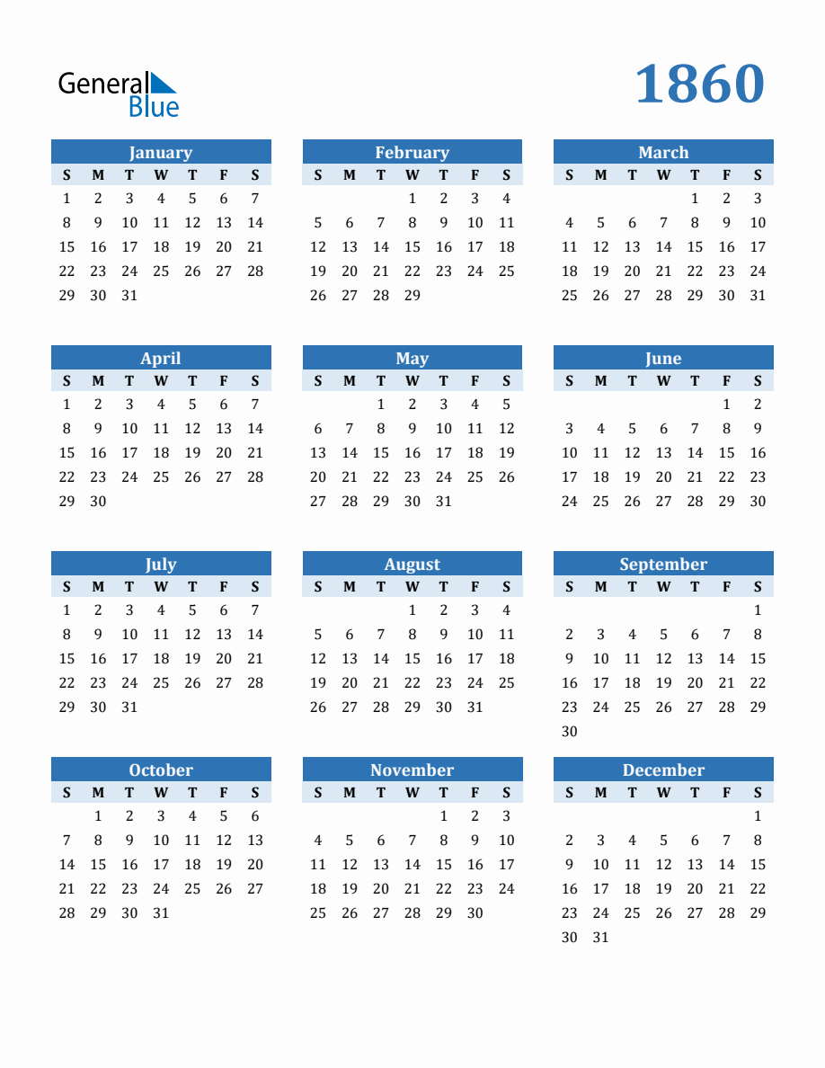 Free 1860 Year Calendar in PDF, Word, and Excel