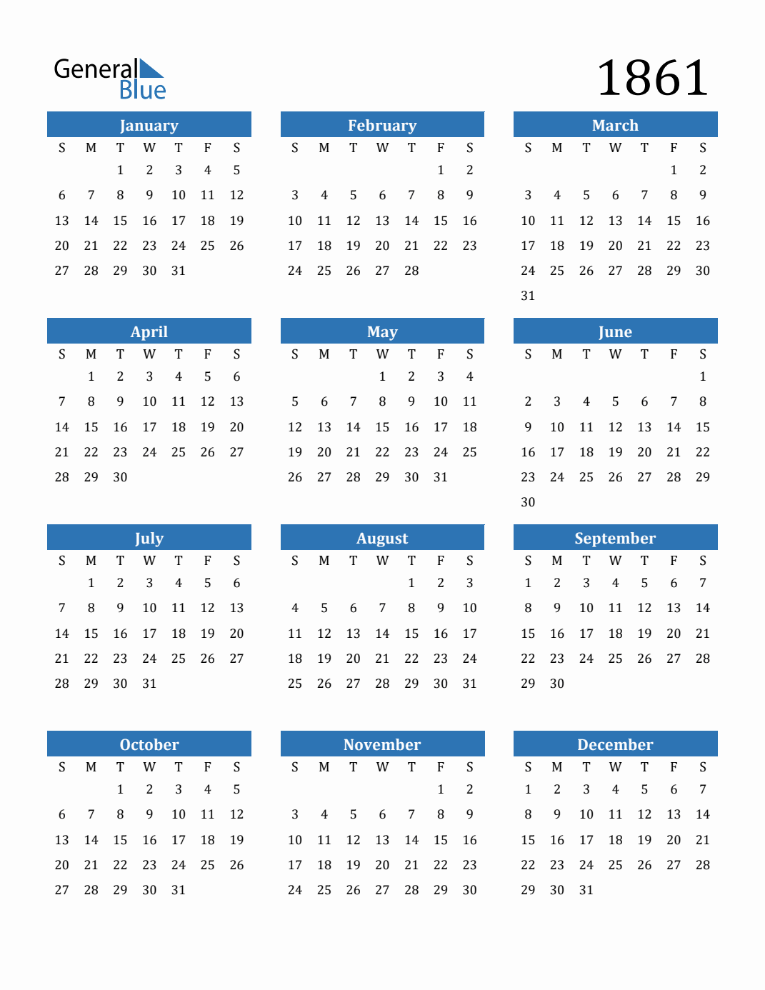 Free 1861 Calendars in PDF, Word, Excel